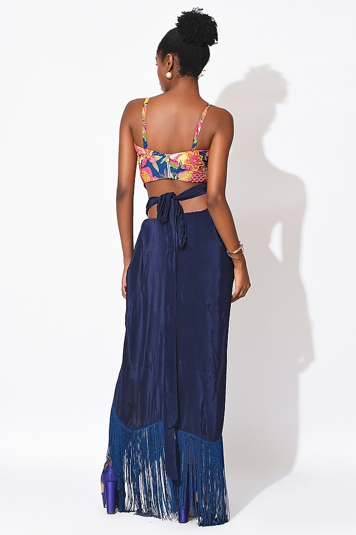 Electric Blue Crepe Draped Skirt Set by Rishi & Vibhuti at Pernia's Pop Up Shop