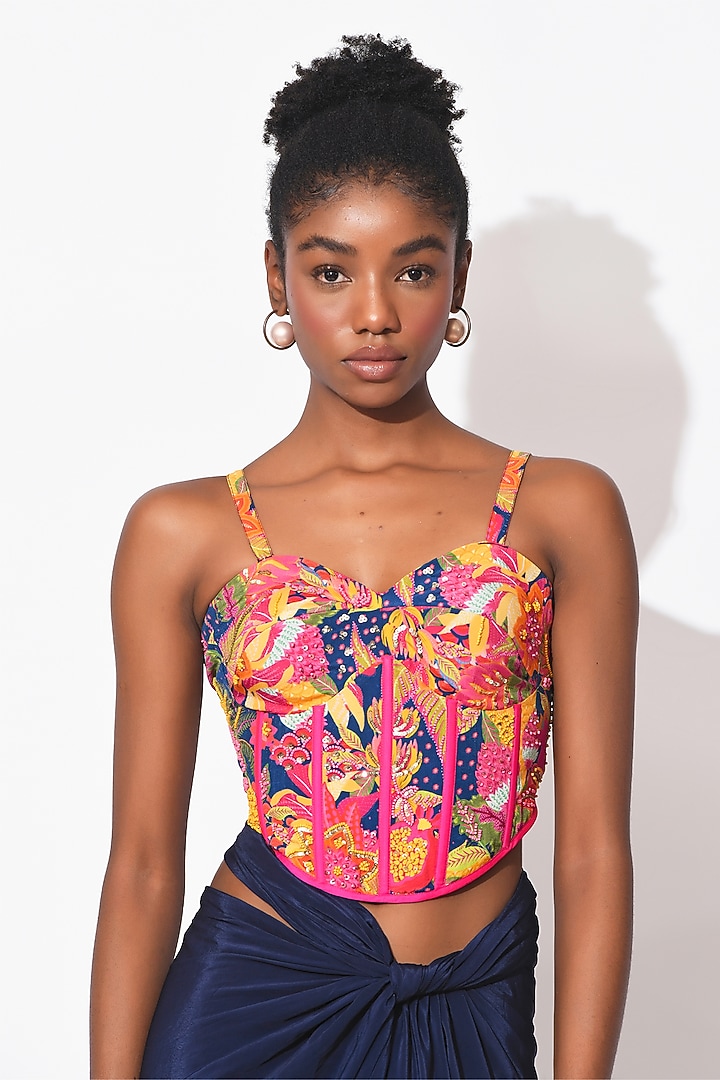 Electric Blue Crepe Draped Skirt Set by Rishi & Vibhuti at Pernia's Pop Up Shop