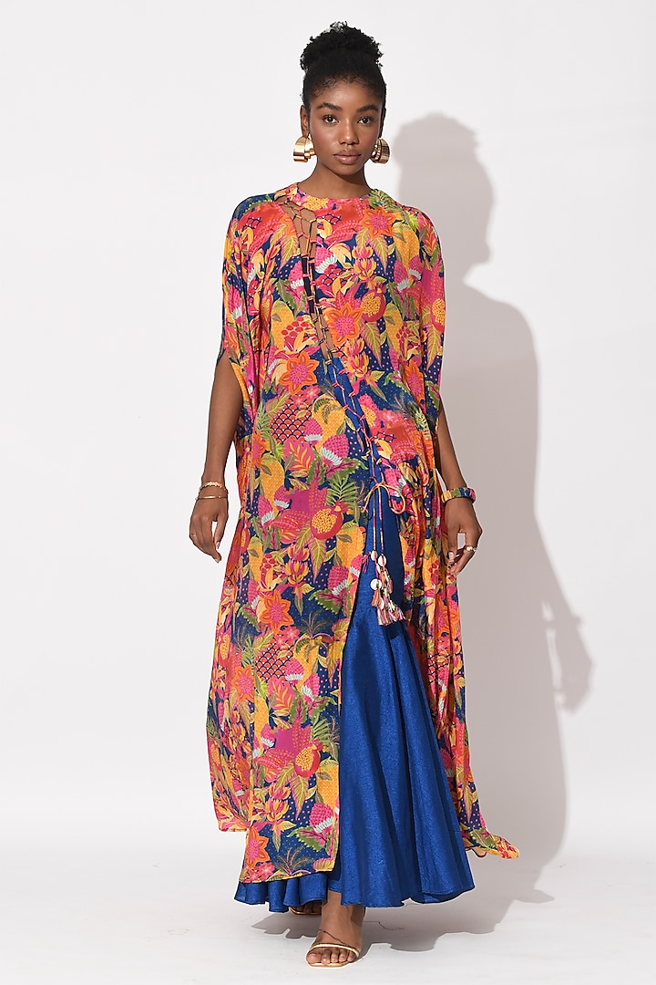 Electric Blue Crepe & Raw Silk Pant Set by Rishi & Vibhuti at Pernia's Pop Up Shop