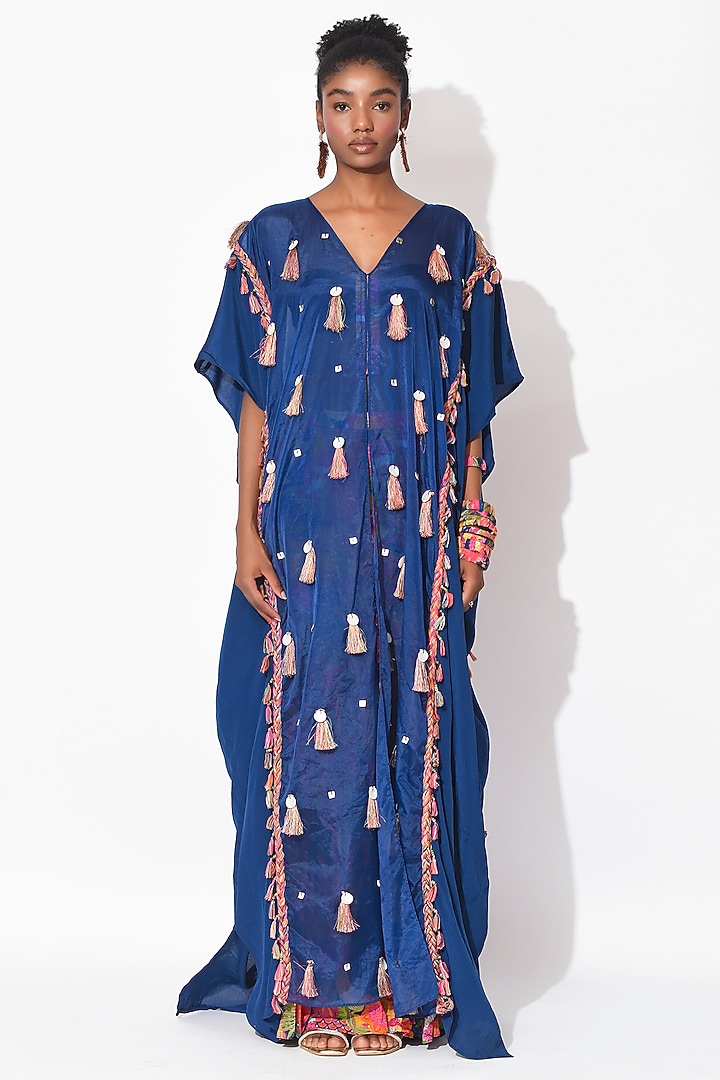 Electric Blue & Ochre Organza Cutwork Cape Set by Rishi & Vibhuti at Pernia's Pop Up Shop