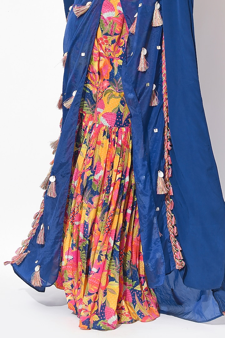 Electric Blue & Ochre Organza Cutwork Cape Set by Rishi & Vibhuti at Pernia's Pop Up Shop
