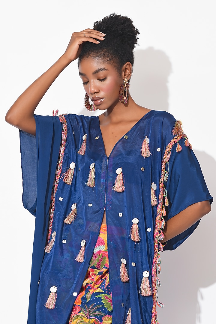 Electric Blue & Ochre Organza Cutwork Cape Set by Rishi & Vibhuti at Pernia's Pop Up Shop