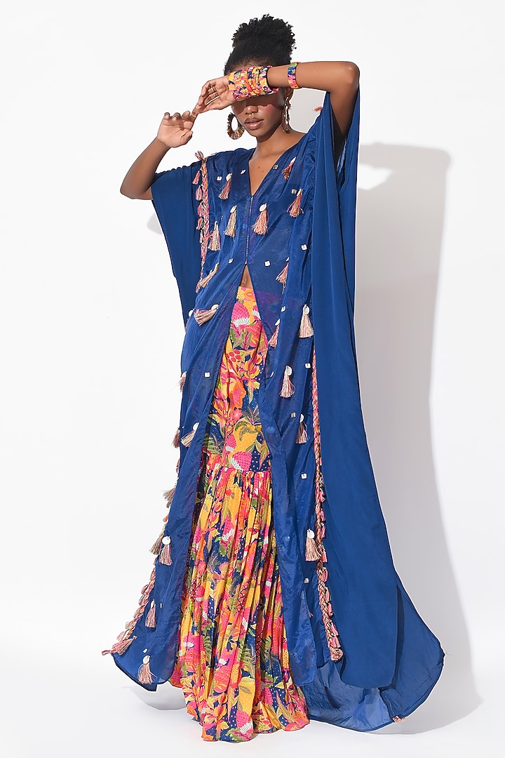 Electric Blue & Ochre Organza Cutwork Cape Set by Rishi & Vibhuti at Pernia's Pop Up Shop