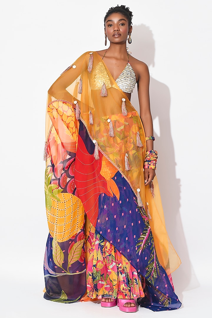 Electric Blue & Ochre Organza Hand Embroidered Cape Set by Rishi & Vibhuti at Pernia's Pop Up Shop