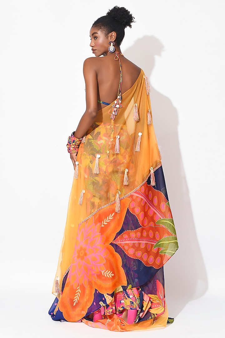 Electric Blue & Ochre Organza Hand Embroidered Cape Set by Rishi & Vibhuti at Pernia's Pop Up Shop