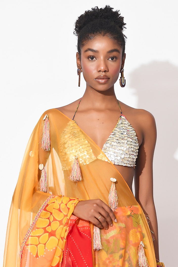 Electric Blue & Ochre Organza Hand Embroidered Cape Set by Rishi & Vibhuti at Pernia's Pop Up Shop
