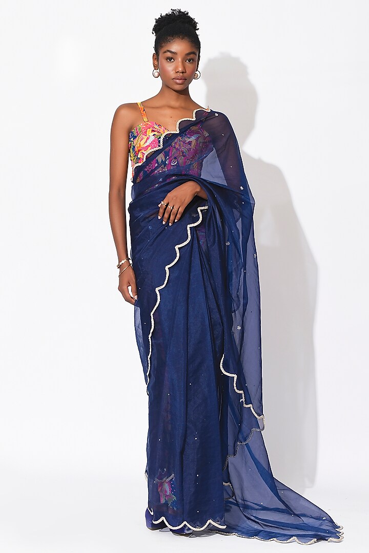 Electric Blue & Ochre Organza Hand Embroidered Wedding Saree Set by Rishi & Vibhuti at Pernia's Pop Up Shop