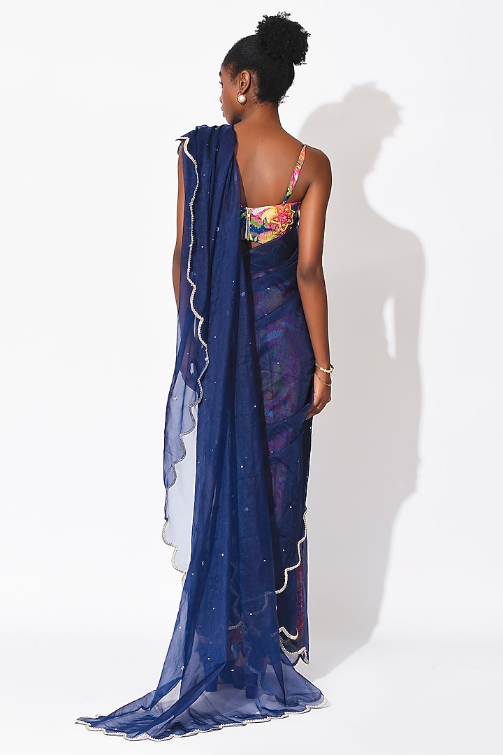 Electric Blue & Ochre Organza Hand Embroidered Wedding Saree Set by Rishi & Vibhuti at Pernia's Pop Up Shop