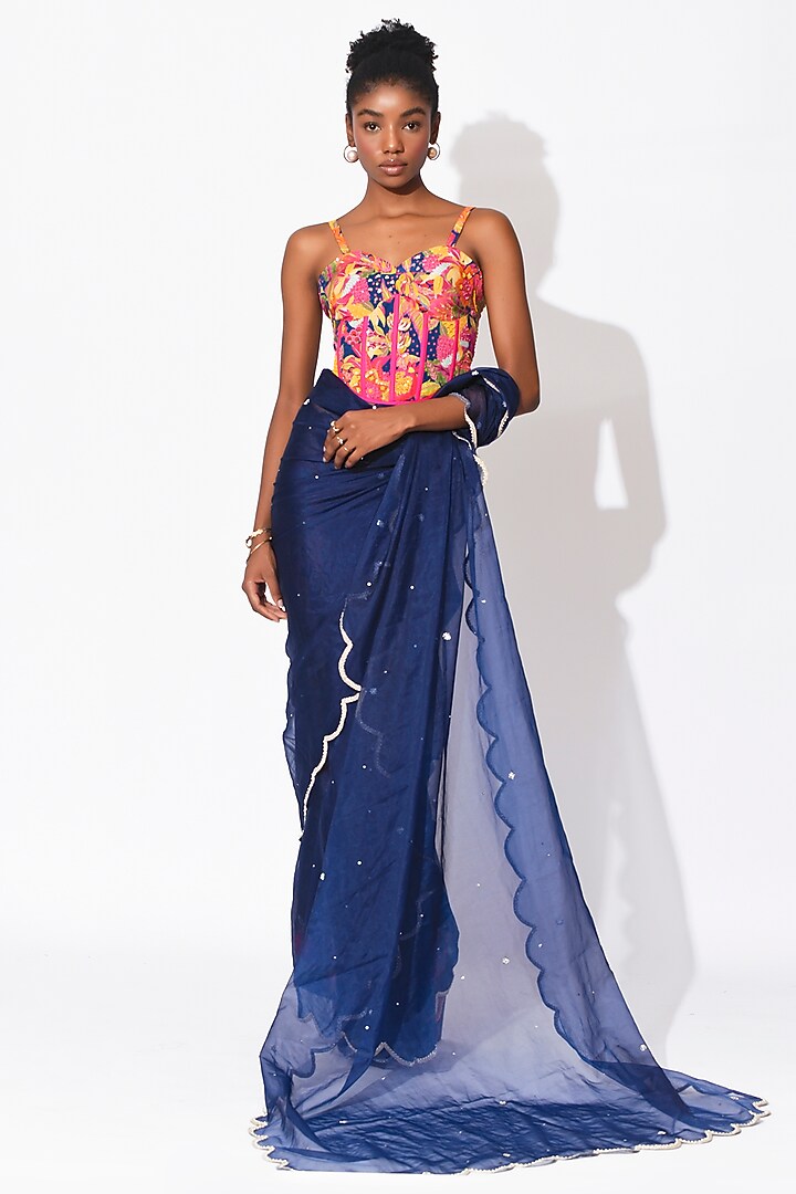 Electric Blue & Ochre Organza Hand Embroidered Wedding Saree Set by Rishi & Vibhuti at Pernia's Pop Up Shop