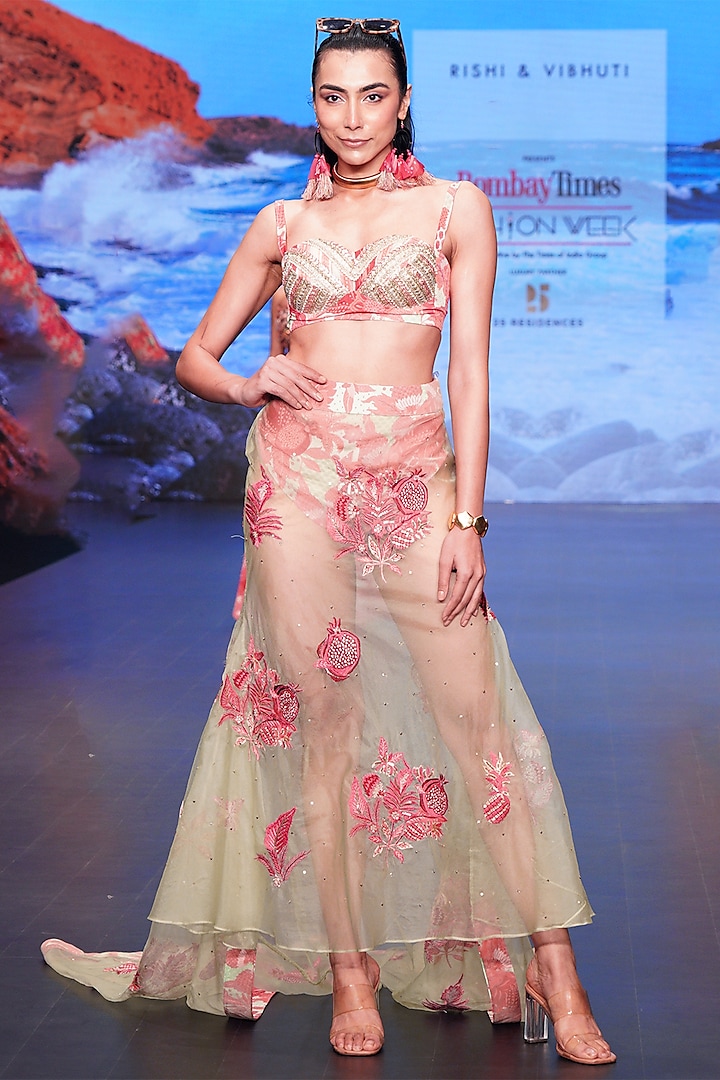 Mint & Dusty Rose Organza Hand Embroidered Skirt Set by Rishi & Vibhuti at Pernia's Pop Up Shop