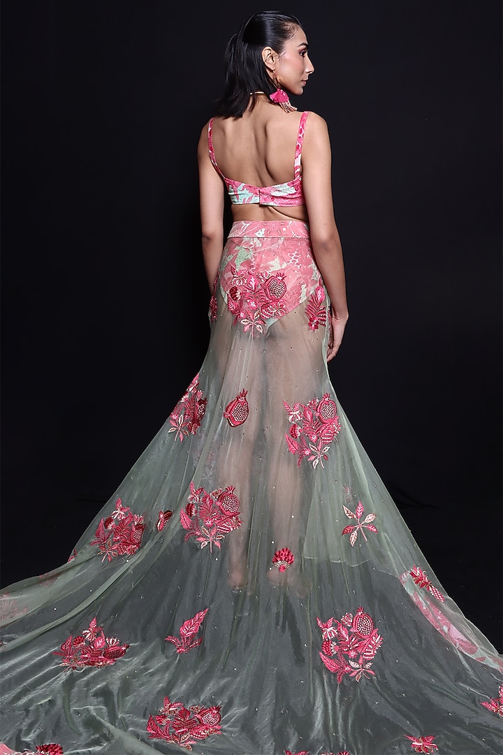Mint & Dusty Rose Organza Hand Embroidered Skirt Set by Rishi & Vibhuti at Pernia's Pop Up Shop