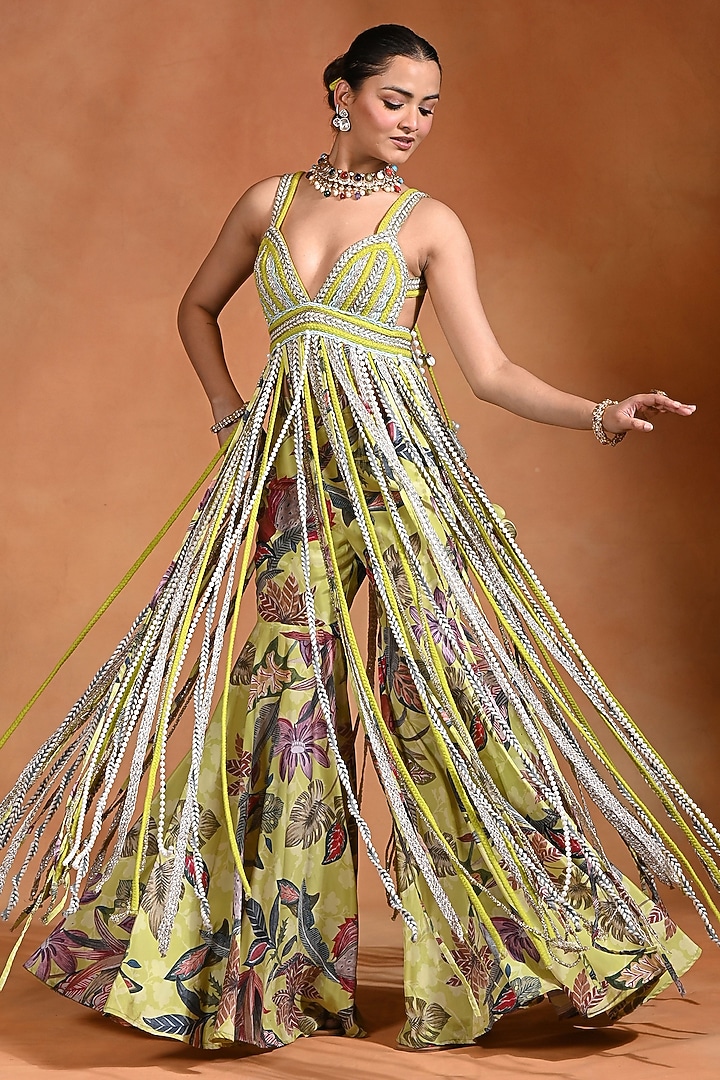 Lime Crepe & Braid Pants Set by Rishi & Vibhuti at Pernia's Pop Up Shop
