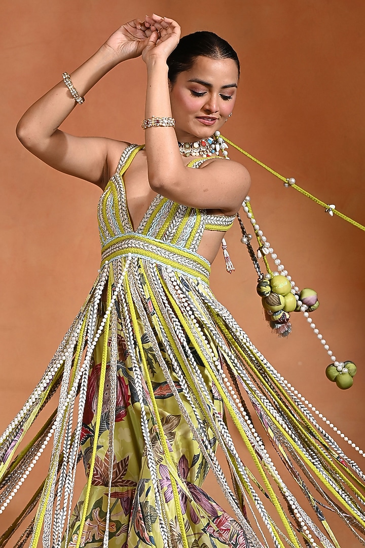 Lime Crepe & Braid Pants Set by Rishi & Vibhuti at Pernia's Pop Up Shop