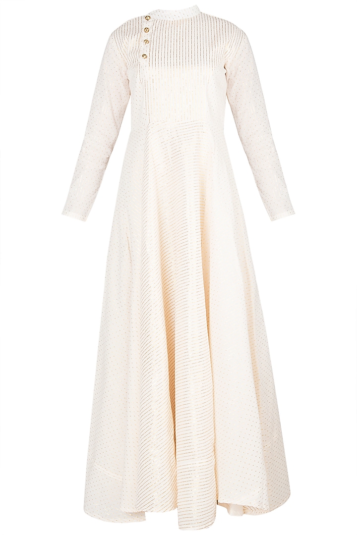 Ivory & Gold Dotted Party Wear Anarkali by Rishi & Vibhuti at Pernia's Pop Up Shop