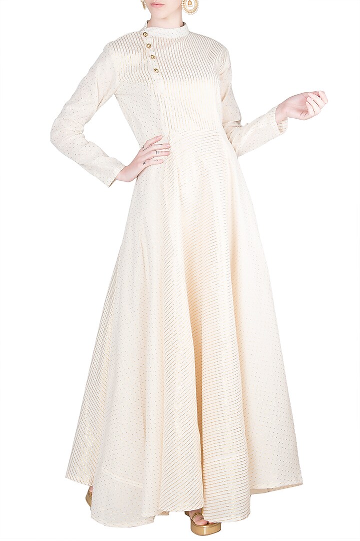 Ivory & Gold Dotted Party Wear Anarkali by Rishi & Vibhuti at Pernia's Pop Up Shop