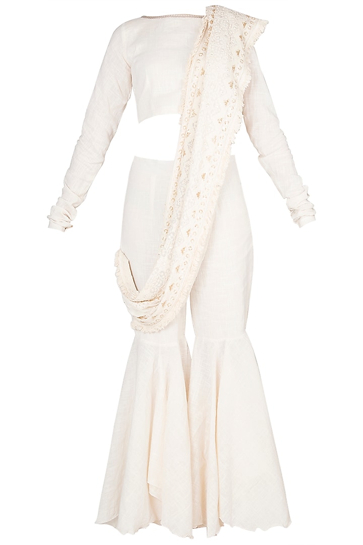 Ivory Crop Top With Flared Pants & Attached Embroidered Palla by A-Sha By Rishi & Vibhuti