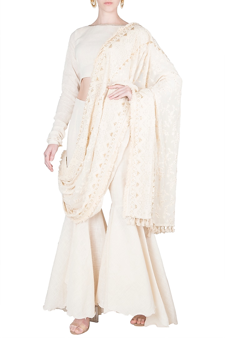Ivory Crop Top With Flared Pants & Attached Embroidered Palla by A-Sha By Rishi & Vibhuti at Pernia's Pop Up Shop