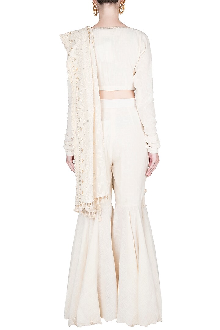 Ivory Crop Top With Flared Pants & Attached Embroidered Palla by A-Sha By Rishi & Vibhuti at Pernia's Pop Up Shop