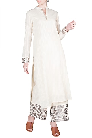 Ivory Leather Detailed Kurta With Pants by A-Sha By Rishi & Vibhuti