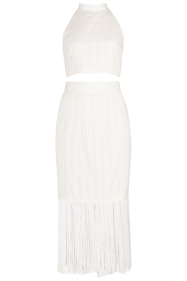 Ivory Halter Crop Top With Fringe Pencil Skirt by A-Sha By Rishi & Vibhuti