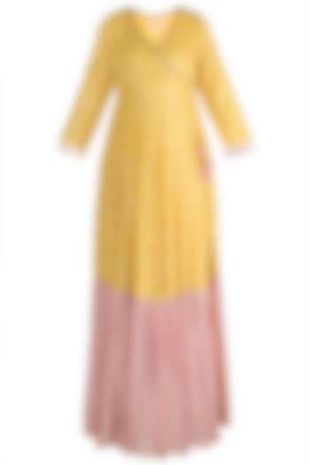 Yellow & Blush Pink Printed Angrakha Party Wear Anarkali Set by Rishi & Vibhuti at Pernia's Pop Up Shop