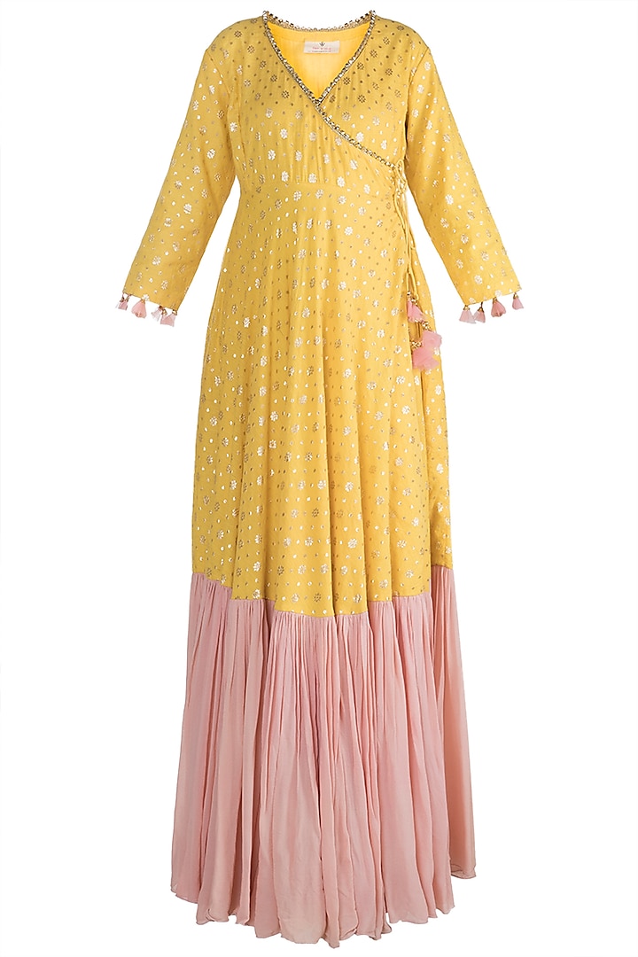Yellow & Blush Pink Printed Angrakha Anarkali Set by Rishi & Vibhuti