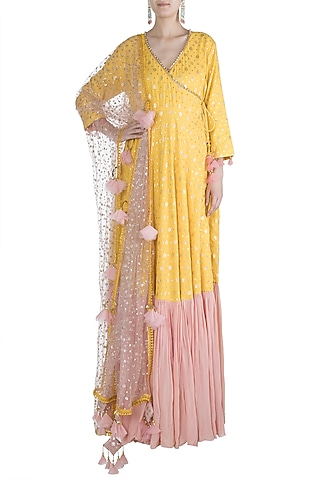 Yellow & Blush Pink Printed Angrakha Anarkali Set by Rishi & Vibhuti
