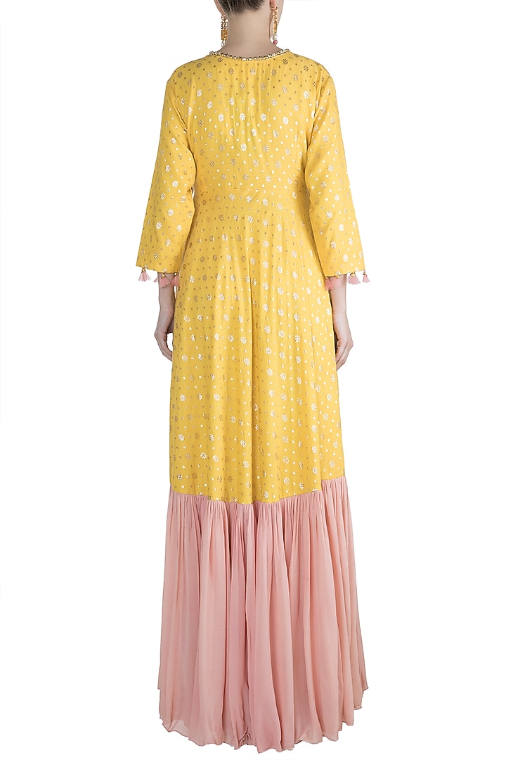 Yellow & Blush Pink Printed Angrakha Party Wear Anarkali Set by Rishi & Vibhuti at Pernia's Pop Up Shop