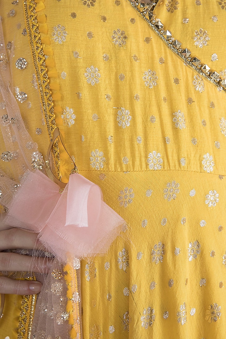 Yellow & Blush Pink Printed Angrakha Party Wear Anarkali Set by Rishi & Vibhuti at Pernia's Pop Up Shop