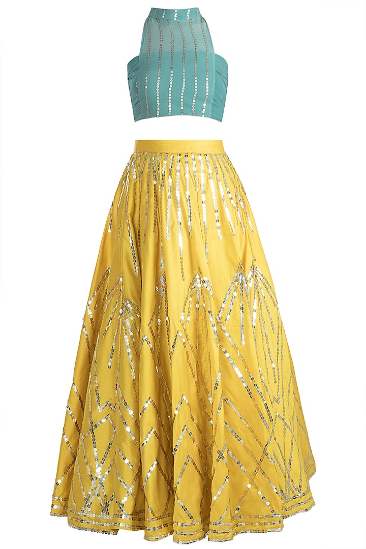 Mustard Sequins Striped Skirt With Teal Green Crop Top by Rishi & Vibhuti