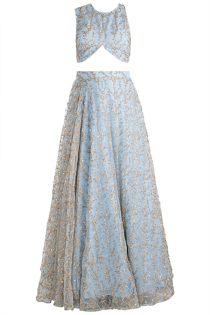 Sky Blue Embroidered Crop Top With Skirt by Rishi & Vibhuti