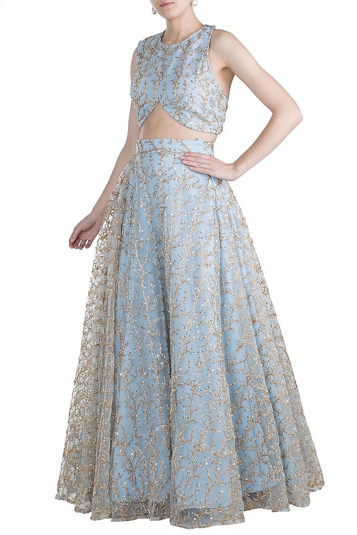 Sky Blue Embroidered Crop Top With Skirt by Rishi & Vibhuti at Pernia's Pop Up Shop
