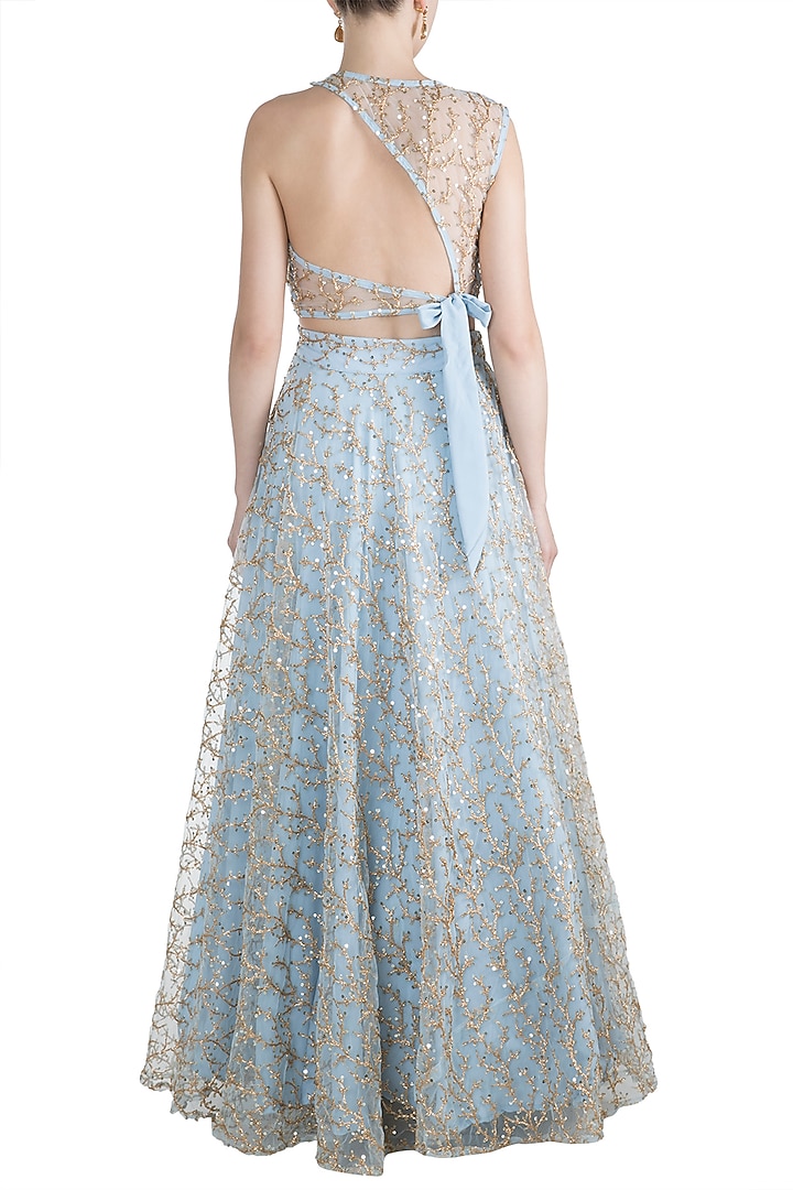 Sky Blue Embroidered Crop Top With Skirt by Rishi & Vibhuti at Pernia's Pop Up Shop