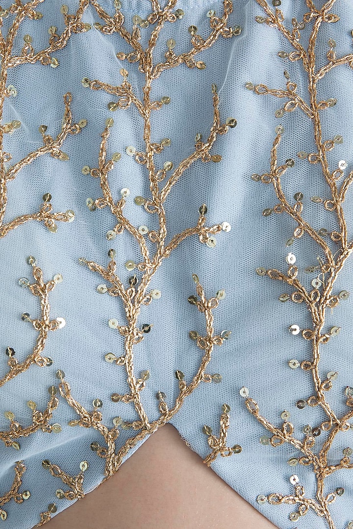 Sky Blue Embroidered Crop Top With Skirt by Rishi & Vibhuti at Pernia's Pop Up Shop