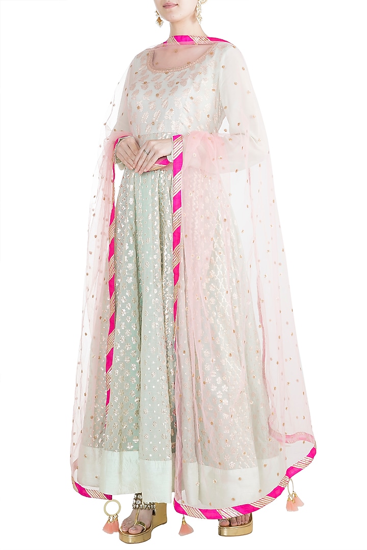Mint Green & Blush Pink Chanderi Party Wear Anarkali Set by Rishi & Vibhuti at Pernia's Pop Up Shop