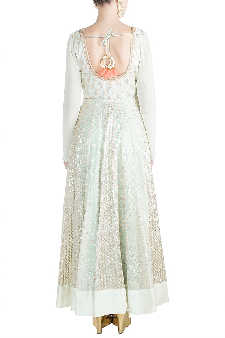 Mint Green & Blush Pink Chanderi Party Wear Anarkali Set by Rishi & Vibhuti at Pernia's Pop Up Shop