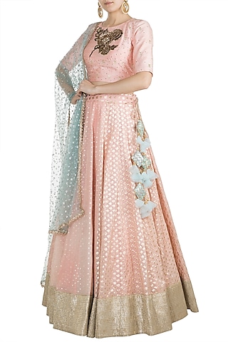 Peach & Ocean Blue Panelled Lehenga Set by Rishi & Vibhuti