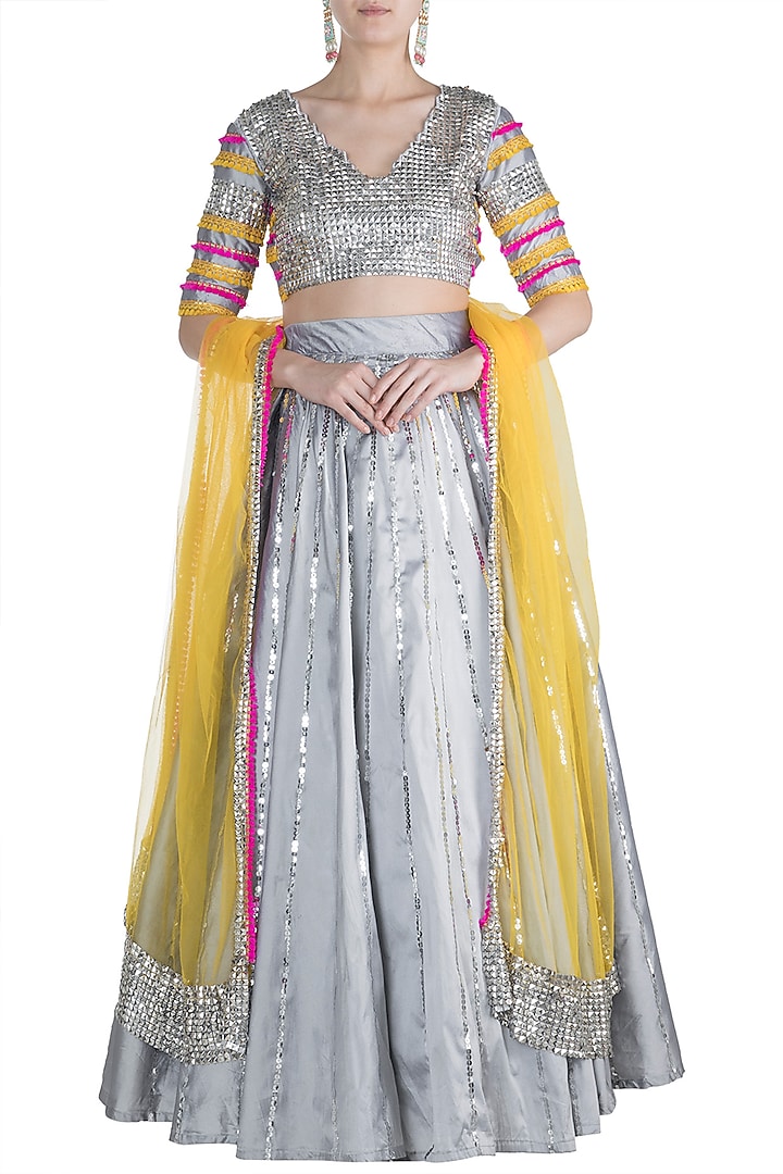 Grey & Silver Embroidered Wedding Lehenga Set by Rishi & Vibhuti at Pernia's Pop Up Shop