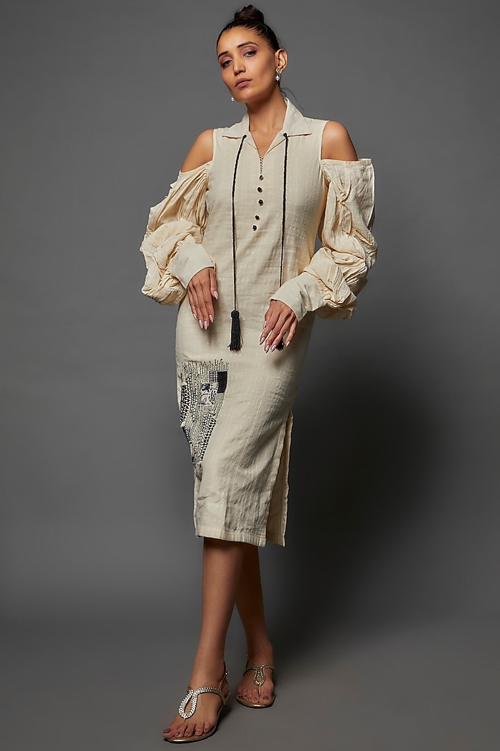 Ivory Organic Cotton Jacquard Embellished Dress by Rishi & Vibhuti