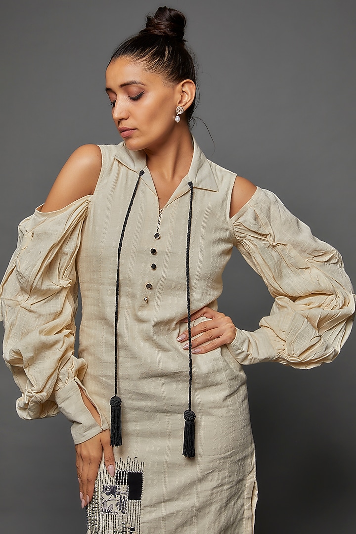 Ivory Organic Cotton Jacquard Embellished Vacation Dress by Rishi & Vibhuti at Pernia's Pop Up Shop