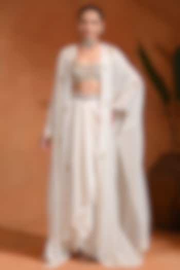 Ivory Crepe & Organza Draped Skirt Set by Rishi & Vibhuti at Pernia's Pop Up Shop