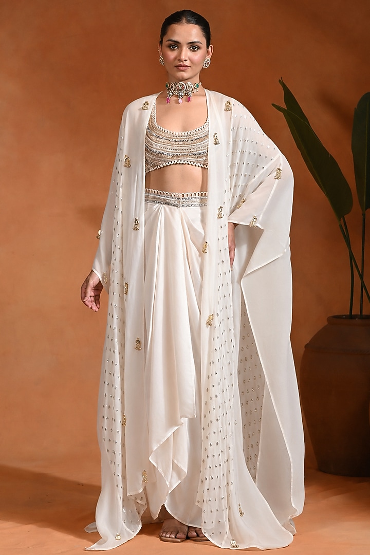 Ivory Crepe & Organza Draped Skirt Set by Rishi & Vibhuti at Pernia's Pop Up Shop