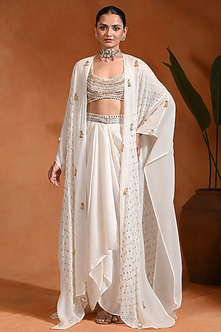 Ivory Crepe & Organza Draped Skirt Set by Rishi & Vibhuti
