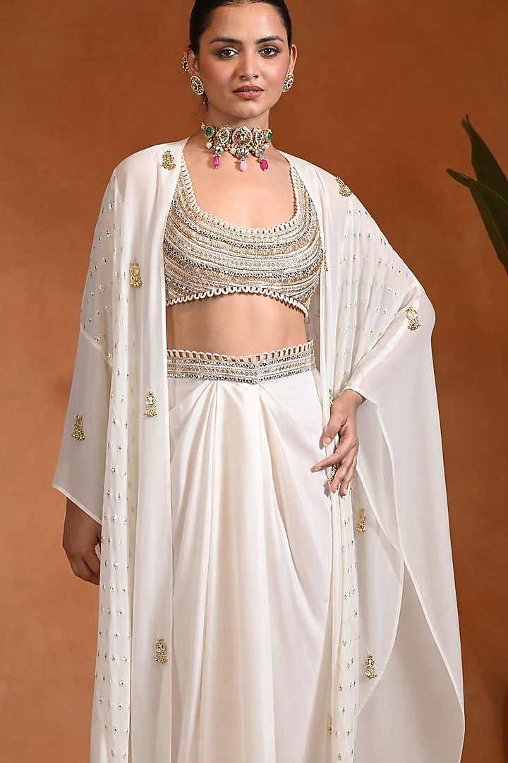 Ivory Crepe & Organza Draped Skirt Set by Rishi & Vibhuti at Pernia's Pop Up Shop