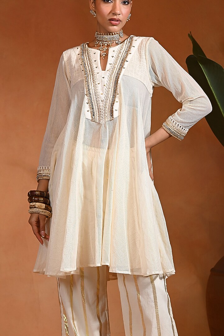 Ivory Linen Jute & Cotton Lurex Kurta Set by Rishi & Vibhuti at Pernia's Pop Up Shop
