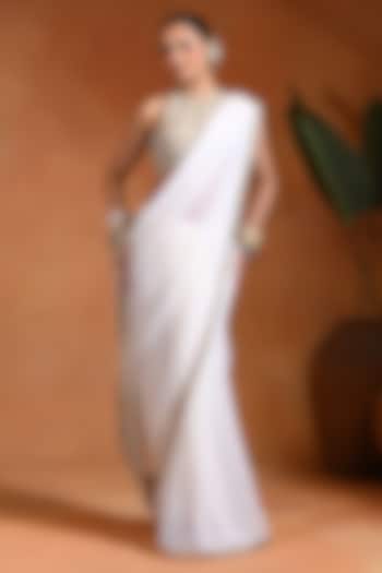 Ivory Chiffon Mirror Embroidered Wedding Saree Set by Rishi & Vibhuti at Pernia's Pop Up Shop