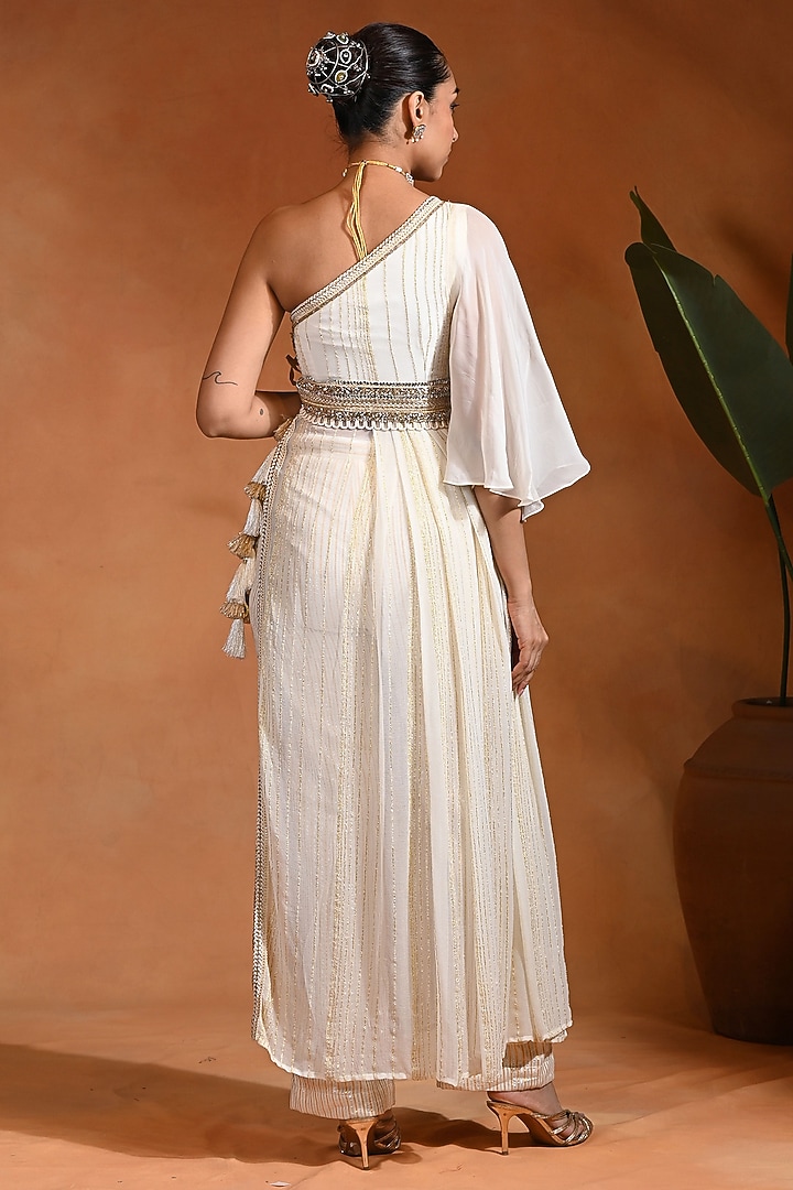 Ivory Viscose Georgette One-Shoulder Kurta Set by Rishi & Vibhuti at Pernia's Pop Up Shop