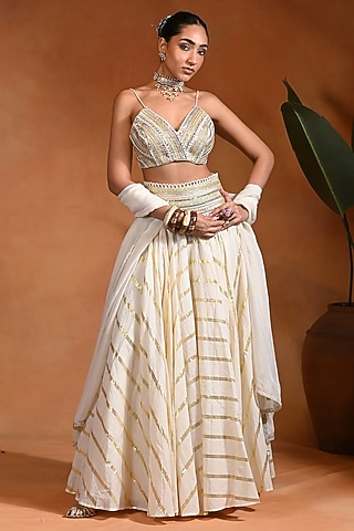 Ivory Cotton Jacquard & Cotton Lurex Lehenga Set by Rishi & Vibhuti