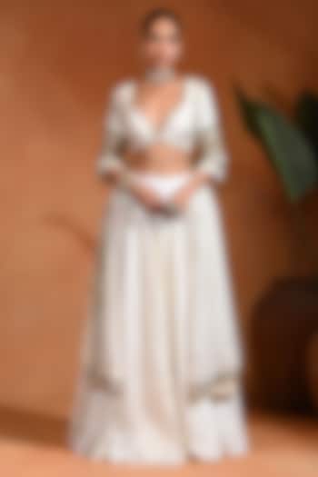 Ivory Dupion Silk Cord Embroidered Wedding Lehenga Set by Rishi & Vibhuti at Pernia's Pop Up Shop