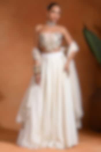 Ivory Dupion Silk Mirror Embroidered Wedding Lehenga Set by Rishi & Vibhuti at Pernia's Pop Up Shop